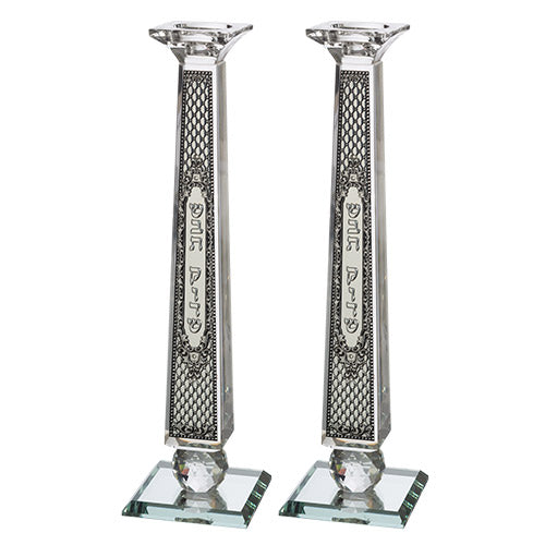CANDLESTICKS GLASS W/ METAL PLAQUE