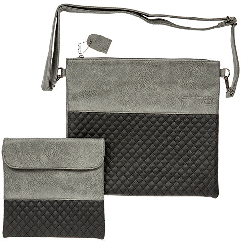 TALIS/TEFILLIN BAG SET FAUX LEATHER W/STRAP GRAY/BLACK