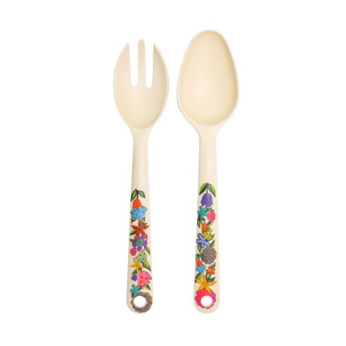 SERVING SPOON SET BAMBOO PAINTED HANDLE