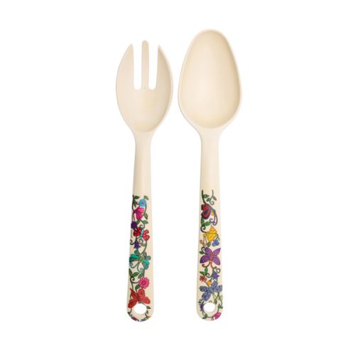 SERVING SPOON SET BAMBOO PAINTED HANDLE